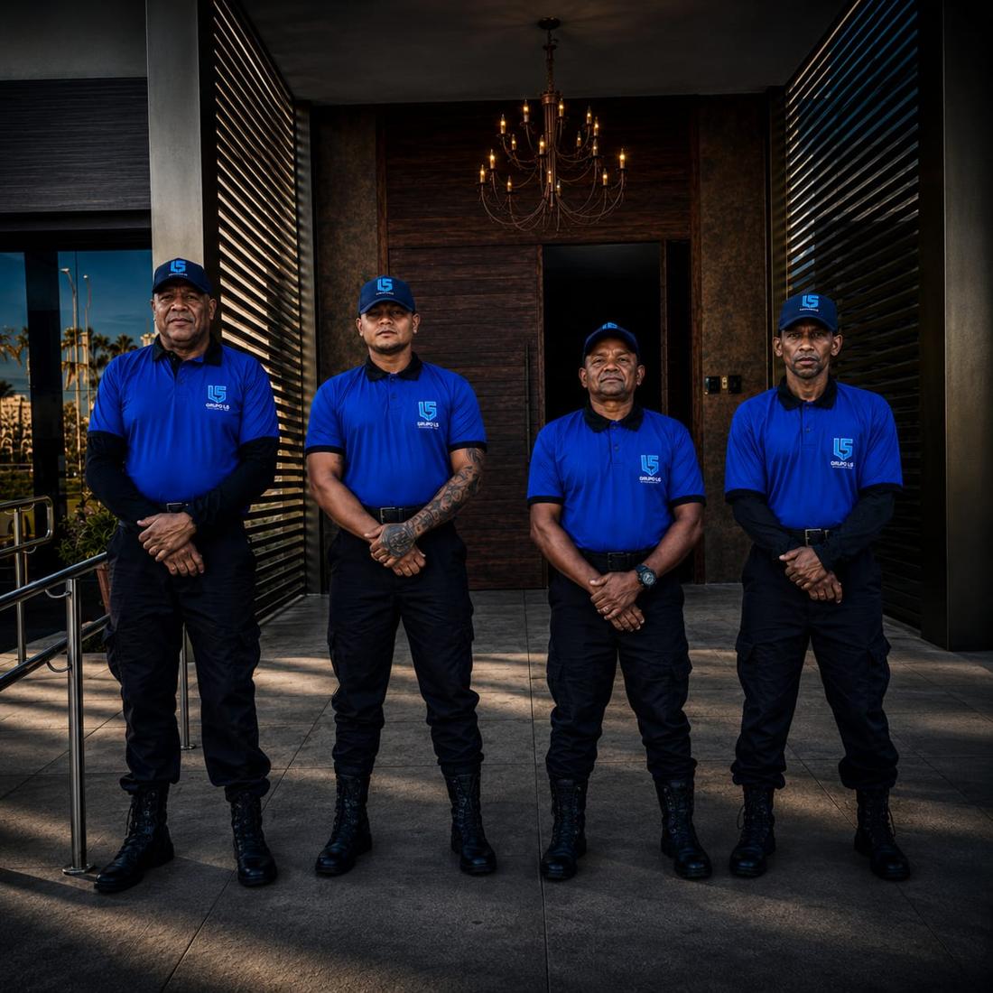 Equipe de vigias do Grupo LS uniformizada na entrada de um prédio